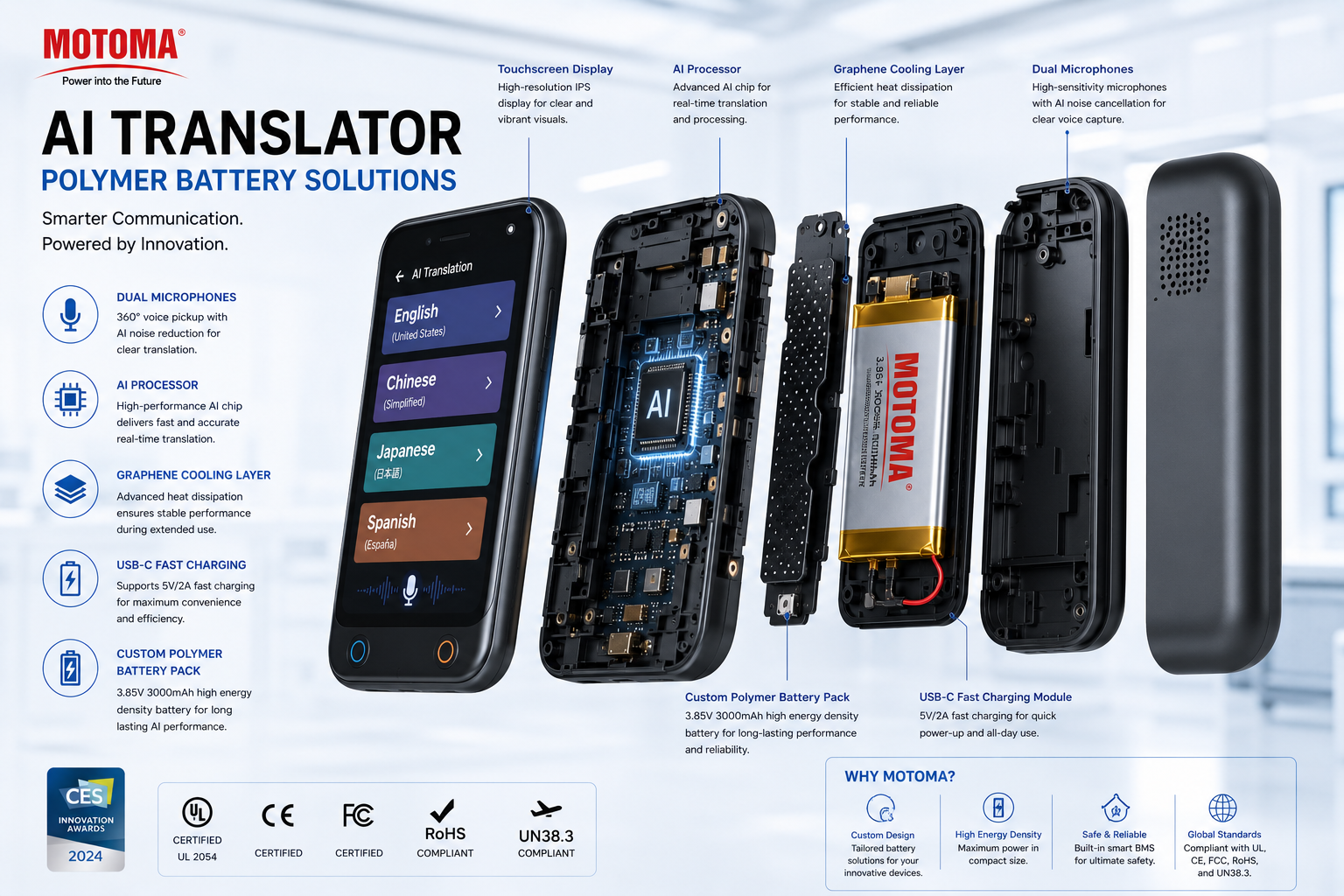 Custom lithium battery for AI translator